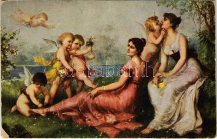 Liebesboten / Lady art postcard. Galerie U. P. 528. s: F. Lefler (kopott sarkak / worn corners)