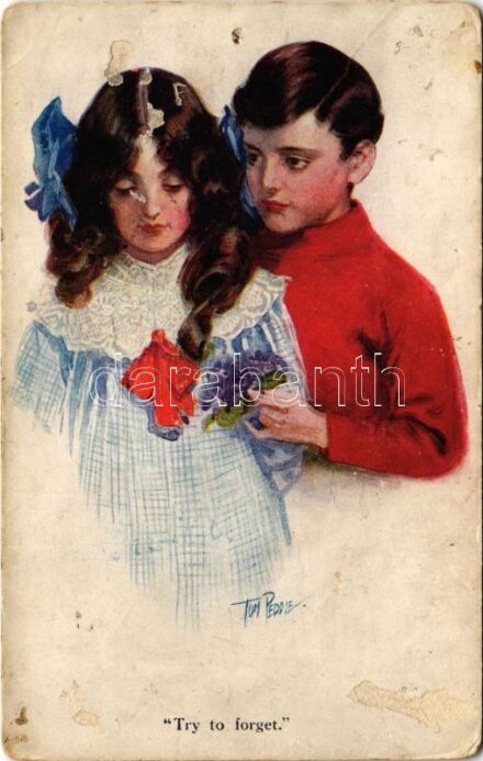 'Try to forget' Children art postcard, romantic s: Tom Peddie (lyuk / hole)