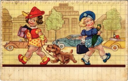 Children art postcard, girls. Amag 0444. (fl)