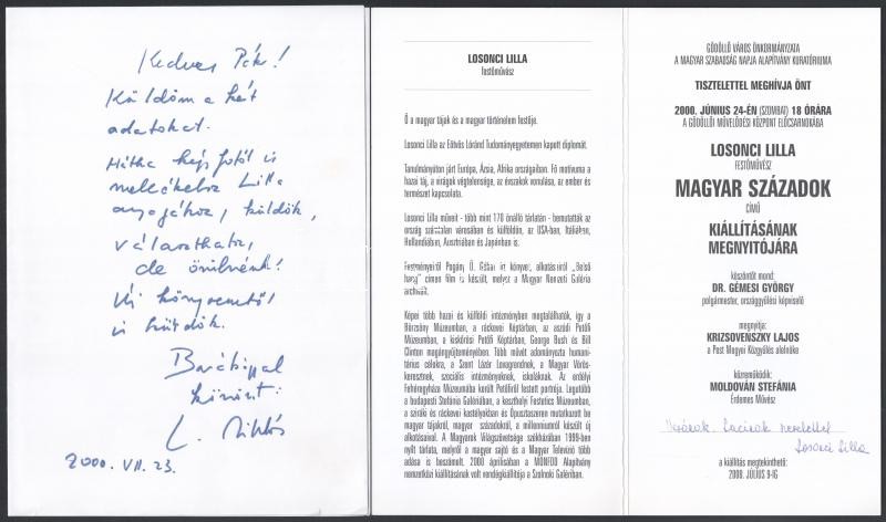 2000 Losonci Miklós (1929-2010) művészettörténész saját kézzel írt levele, valamint felesége Losonci Lilla (1930-) festőművész kiállítási meghívói, 5 db, közte 1 db DEDIKÁLT is.