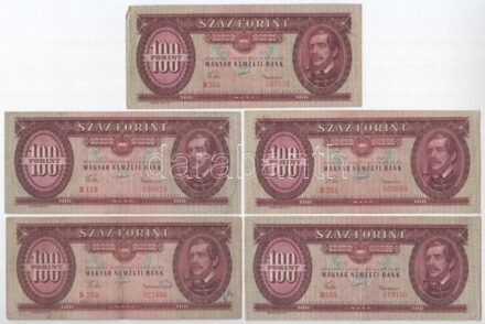 1957. 100Ft (5x) T:III,III- közte szép papír Adamo F29
