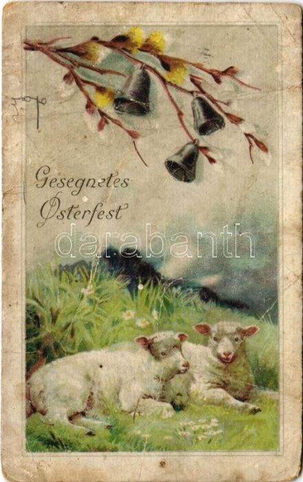 Gesegnetes Osterfest / Easter greeting art postcard with sheep (fa)