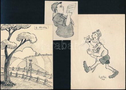 Tamás 1938 jelzéssel: 3 db cserkész grafika. Megjelent. Tus, nyomat, papír. Jelzett. 12x16 cm-ig