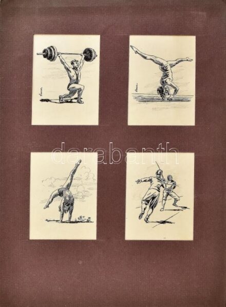 Vincze Dénes (1914-1972):Sportolók 4 db rajz. Tus, papír. 7x9 cm