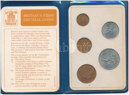 Nagy-Britannia 1968-1971. 1/2p-10P (5xklf) 'Nagy-Britannia első decimális érméi' forgalmi összeállítás kartonlapon, leírással, eredeti műanyag tokban T:1,1- Great Britain 1968-1971. 1/2 Penny - 10 New Pence (5xdiff) 'Britain's first