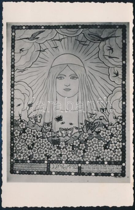 1938-39 Magyar Adorján (1887-1978) magyar őstörténet kutató grafikájáról készült fotó, hátoldalán a grafika szimbolikájának részletes magyarázatával Arany Bálint (1901-1987) a németellenes Magyar Közösség tagja, a Turul