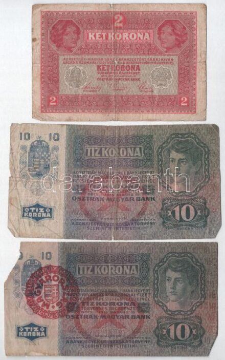 1912. 100K (4x) + 1915. 10K (2x, egyik piros 'MAGYARORSZÁG', másik piros 'DEUTSCHÖSTERREICH' felülbélyegzéssel) + 1917. 2K T:III-IV