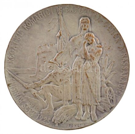 Románia 1925. 'Besszarábiai Mezőgazdasági Kiállítás' kétoldalas, peremen jelzett ezüstözött Br emlékérem. Szign.: C. Kristescu (50mm) T:2 kopott ezüstözés, ph, karc Romania 1925. 'Agroindustrial Exhibition in Basarabia' two-sided