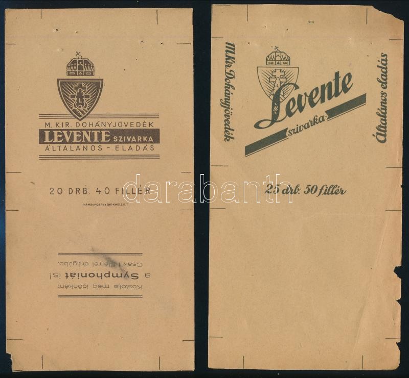 cca 1930 3 db szivarka csomagolás (Levente, Symphonia), M. Kir. Dohányjövedék, vegyes állapotban, 20x10 cm