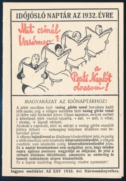 1932 Schaffler-féle időjelző naptár, melléket Az Est 1932. évi Hármaskönyvéhez, kinyitható, 14,5x10 cm