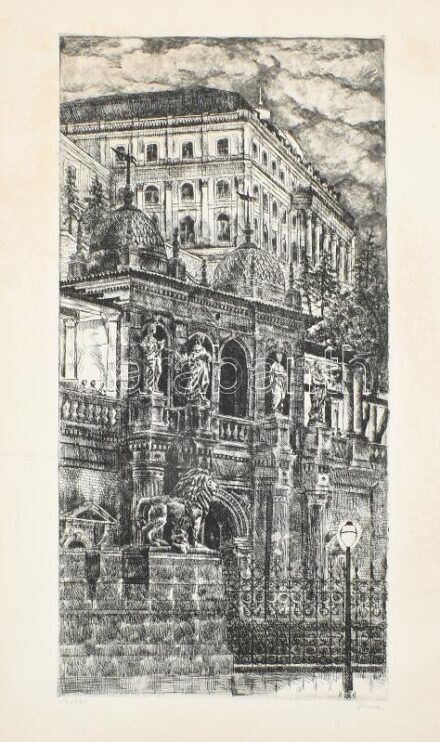 id. Imre István (1918-1983): Várbazár. Rézkarc, papír. Jelzett. 49x25 cm