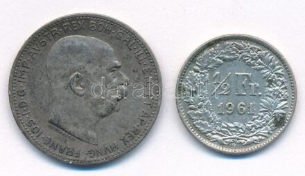Ausztria 1913. 1K Ag 'Ferenc József' + Svájc 1961B 1/2Fr Ag T:1-,2 patina Austria 1913. Corona Ag 'Franz Joseph' + Switzerland 1961B 1/2 Franc Ag C:AU,XF patina