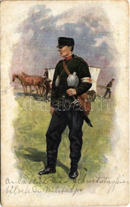 1903 Osztrák-magyar sebesültvivő, háttérben a sebesültszállító kocsival / K.u.k. military Red Cross ambulance soldier with ambulance cart. B.K.W.I. 829-11. (EK)