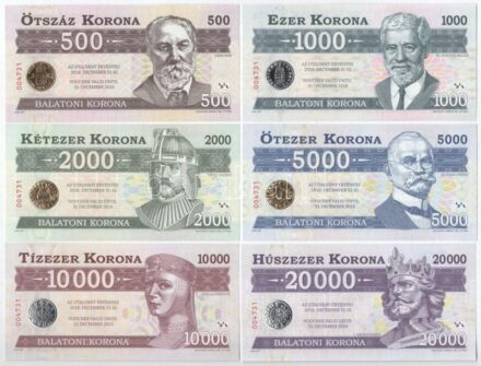 2012. 500 Balatoni Korona + 1000 Balatoni Korona + 2000 Balatoni Korona + 5000 Balatoni Korona + 10.000 Balatoni Korona + 20.000 Balatoni Korona mind azonos '004731' sorszámmal. Teljes sor! T:I