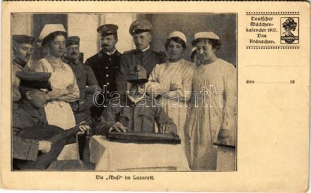 Die 'Musi' im Lazarett. Deutscher Mädchenkalender 1917. Das Kränzchen / WWI German military, wounded soldiers' music band in the hospital, nurses (EK)