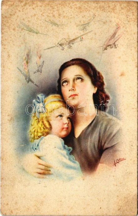 Második világháborús olasz katonai művészlap / WWII Italian military art postcard, lady with aircrafts. Cecami N. 1023. s: Collino (fl)