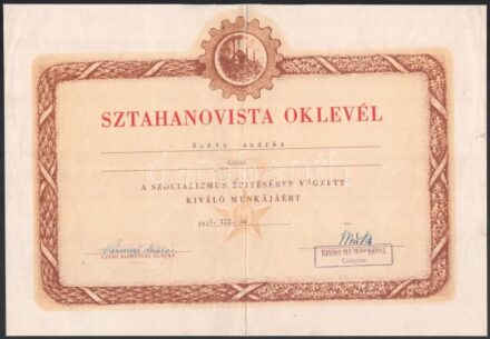 1954, 1955 Sztahanovista és kiváló dolgozó oklevelek a 'Rákosi Mátyás Művek' csőgyárából, hajtott