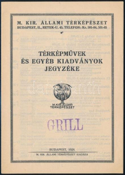 1928 M. kir. Állami Térképészet kiadványainak jegyzéke, 8p
