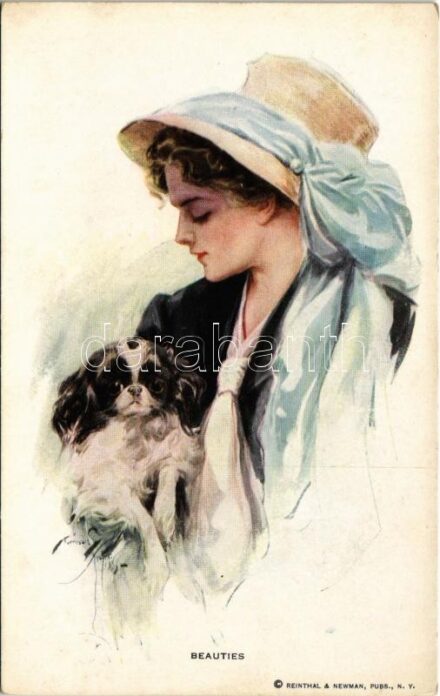 'Beauties' Lady art postcard with dog. Reinthal & Newman No. 196. s: Harrison Fisher