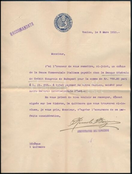 1910 Velencei kiállítás műtárgyvásárlási levele, és fordítása (Kézdi-Kovács László (1864-1942) festőművész saját kezű fordítása. ) Viaszpecsétes borítékkal.
