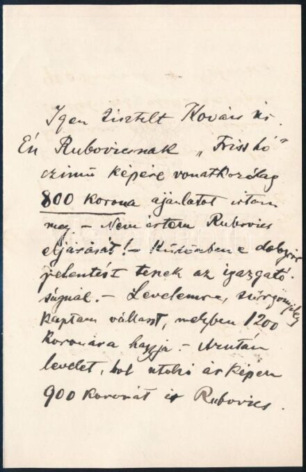 1905 Markó Ernő (1868 - 1945) festőmávész Kézdi-Kovács László (1864-1942) festőművésznek Friss hó c. képének eladásával kapcsolatban