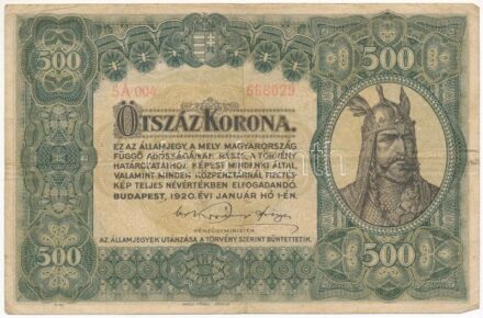 1920. 500K 'Orell Füssli Zürich', '5A 004 660829' T:III,III-Hungary 1920. 500 Korona 'Orell Füssli Zürich', '5A 004 660829' C:F,VG Adamo K33