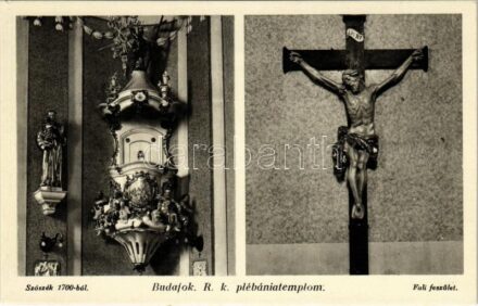 Budapest XXII. Budafok, Római katolikus plébániatemplom, szószék 1700-ból, fali feszület (EK)