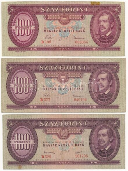 1949. 100Ft + 1957. 100Ft + 1960. 100Ft T:III,III- egyiken fo., ragasztás Adamo F28, F29, F30