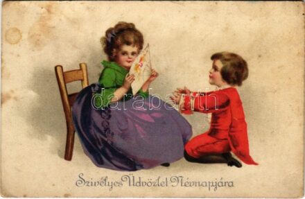Szívélyes üdvözlet névnapjára! / Name Day greeting art postcard, romantic couple (fl)