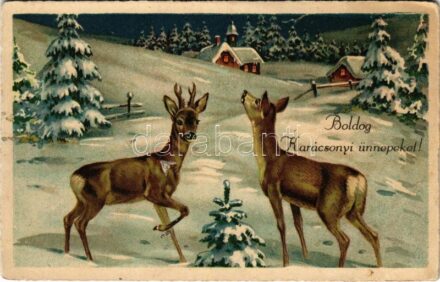 1937 Boldog Karácsonyi ünnepeket! / Christmas greeting art postcard with deer (EK)