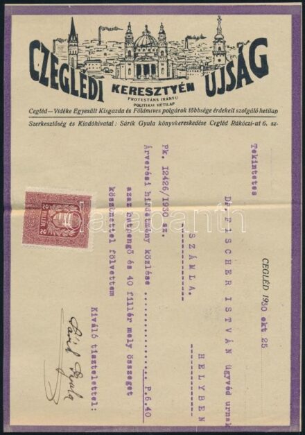 1930 Ceglédi keresztény újság reklám nyomtatvány