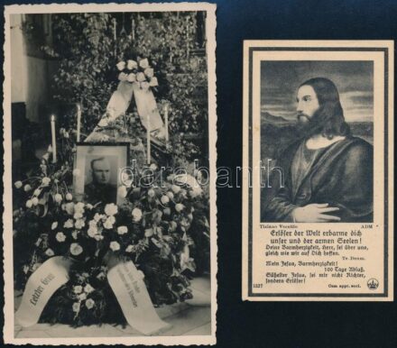 1944 Német katona (altiszt) halotti értesítője és a ravatalról készült fotó, 13,5×8,5 cm