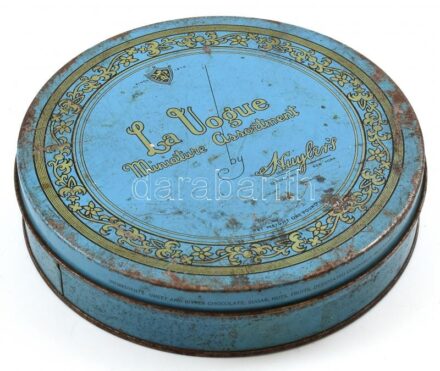 La Vogue Miniature Assortment fém csokoládés doboz, kopásnyomokkal, rozsdafoltokkal, d: 18 cm