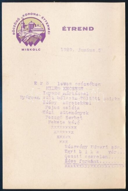 1929 Böczögő Korona éttermei Miskolc menükártya