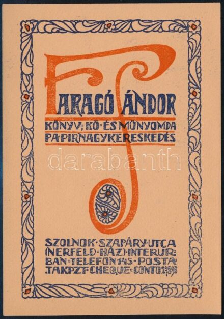 cca 1910 Faragó Sándor könyvkereskedés szecessziós reklám kártya 10x14 cm