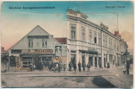 Gyergyószentmiklós, Gheorgheni; Piac tér, Burján és Székely üzlete és saját kiadása, Szür József könyvkötészete, Ifj. Berkovits Lázár óra és ékszer gyári raktára. Burján és Székely saját kiadása. leporellólap 10 képpel