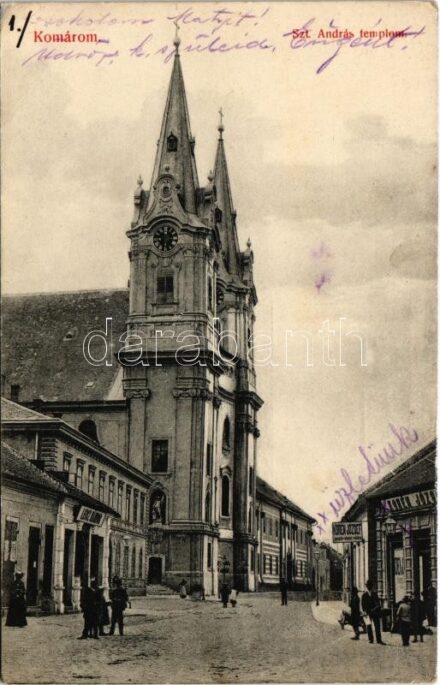1914 Komárom, Komárno; Szent András templom, Leisz Nándor, Korén József üzlete. Czike Dénse kiadása / church, shops (EB)