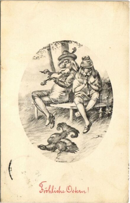 Fröhliche Ostern! / Easter greeting art postcard with musician rabbits (EK)