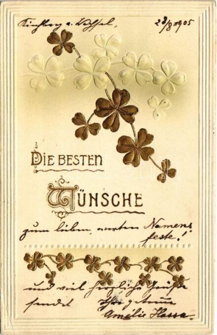1905 Die besten Wünsche! / Art Nouveau Emb. litho greeting card with golden clovers (EK)