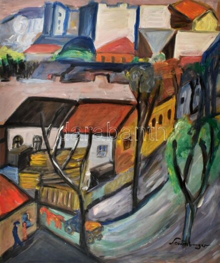 Schönberger jelzéssel: Házak. Olaj, farost, jelzett, 60x50 cm