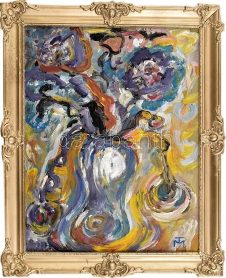 TM jelzéssel: Virágcsendélet. Olaj, farost, jelzett, 60x50 cm
