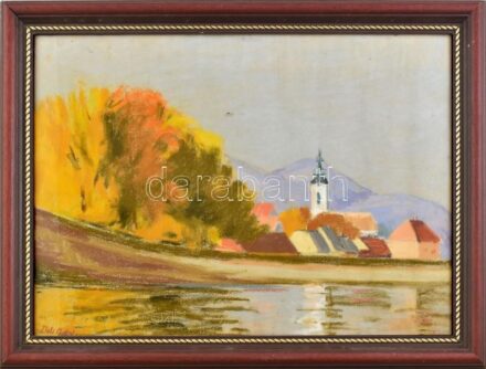Deli Antal jelzéssel: Templomtorony. Akvarell, papír. Üvegezett keretben 39x52 cm