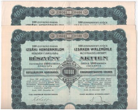 Izsák 1923. 'Izsáki Hengermalom Részvénytársaság' száz darab részvénye egyben, egyenként 1000K-ról, magyar és német nyelvű, szárazpecséttel (2x) sorszámkövetők, egiyk szelvényekkel T:II,II-