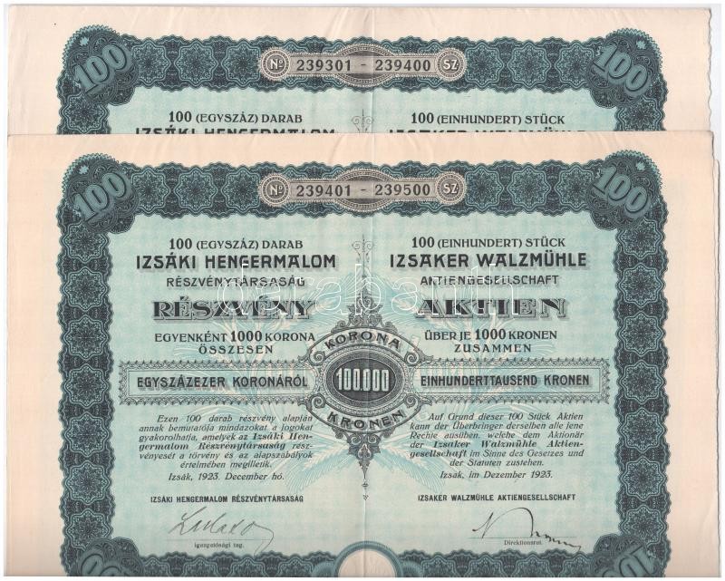 Izsák 1923. 'Izsáki Hengermalom Részvénytársaság' száz darab részvénye egyben, egyenként 1000K-ról, magyar és német nyelvű, szárazpecséttel (2x) sorszámkövetők, egiyk szelvényekkel T:II,II-