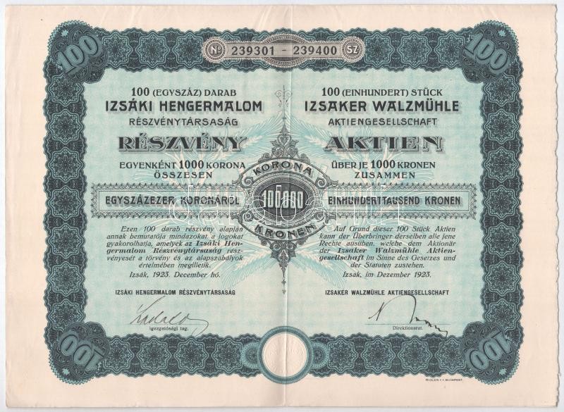 Izsák 1923. 'Izsáki Hengermalom Részvénytársaság' száz darab részvénye egyben, egyenként 1000K-ról, magyar és német nyelvű, szárazpecséttel (2x) sorszámkövetők, egiyk szelvényekkel T:II,II- - Image 2