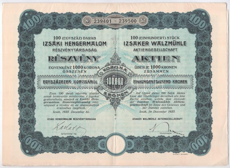 Izsák 1923. 'Izsáki Hengermalom Részvénytársaság' száz darab részvénye egyben, egyenként 1000K-ról, magyar és német nyelvű, szárazpecséttel (2x) sorszámkövetők, egiyk szelvényekkel T:II,II- - Image 3