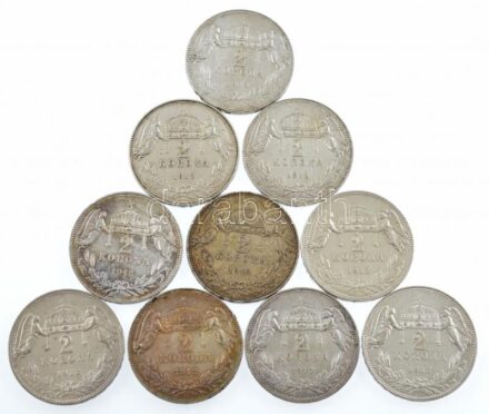 1912KB 2K Ag 'Ferenc József' (10x) közte fordított peremiratú is T:2 patina Adamo K6