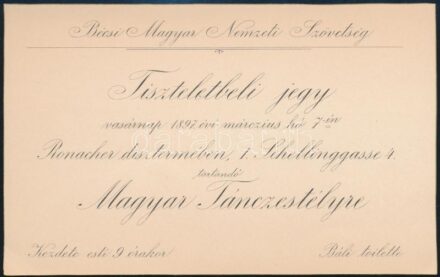 1897 A Bécsi Magyar Nemzeti Szövetség meghívója magyar táncestélyre Andrássy Gyula részére