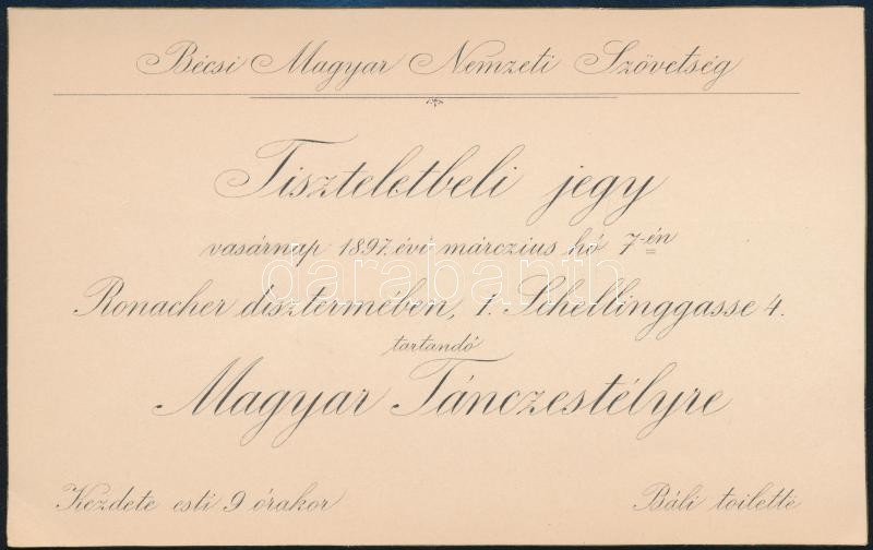 1897 A Bécsi Magyar Nemzeti Szövetség meghívója magyar táncestélyre Andrássy Gyula részére