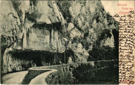 1907 Orsova, Kazán-szoros, Széchenyi emléktábla. Hutterer G. kiadása / Kasanpartie, Széchenyitafel / Cazane / gorge, monument (EK)